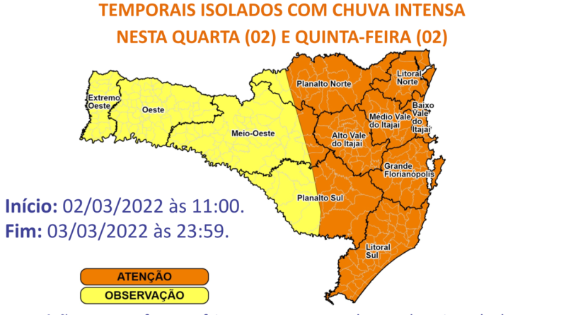 Defesa Civil alerta para temporais e risco de inundações em SC Notícia Hoje