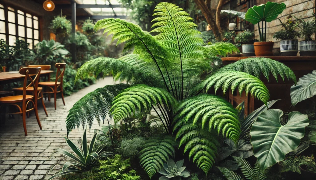 Uma samambaia exuberante em um jardim, com folhas longas e delicadas pendendo ao redor